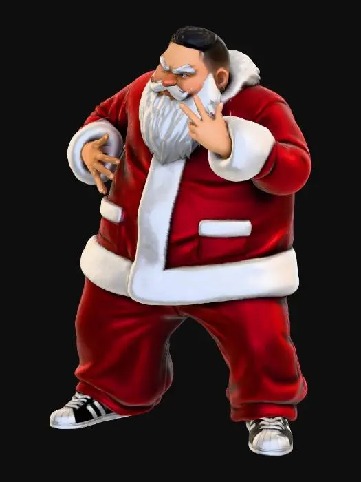 3D model for Toma como referencia la foto. Convierte a la persona en un personaje estilo anime . estilo homie. con vestimenta de santa claus. usar barba blanca y  pantalones largos que cubren sus pies . sin lentes. en pose de ganster. usando addidas