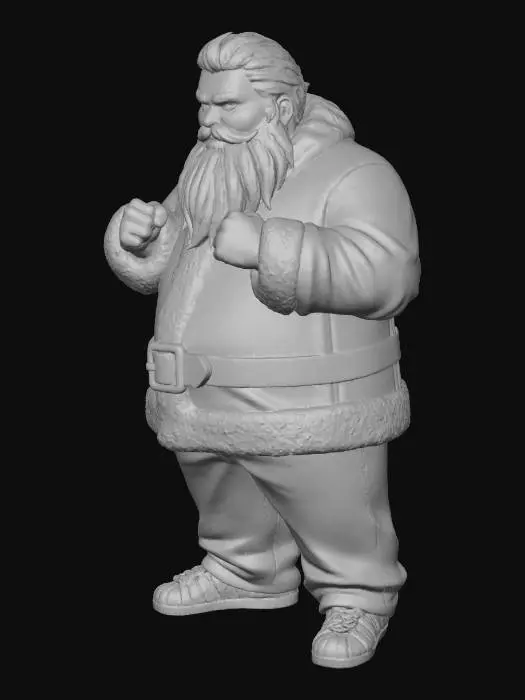3D model for Toma como referencia la foto. Convierte a la persona en un personaje estilo anime . estilo homie. con vestimenta de santa claus. usar barba blanca y cabello blanco.  pantalones largos que cubren sus pies . sin lentes. en pose de ganster. usando addidas. pose sin abrir los dedos. manos cerradas.
