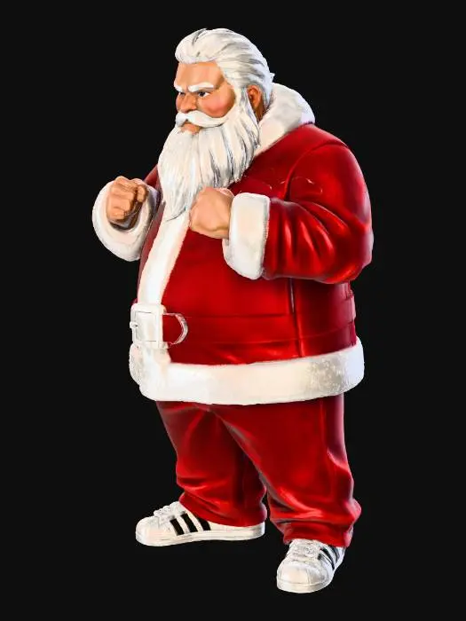 3D model for Toma como referencia la foto. Convierte a la persona en un personaje estilo anime . estilo homie. con vestimenta de santa claus. usar barba blanca y cabello blanco.  pantalones largos que cubren sus pies . sin lentes. en pose de ganster. usando addidas. pose sin abrir los dedos. manos cerradas.