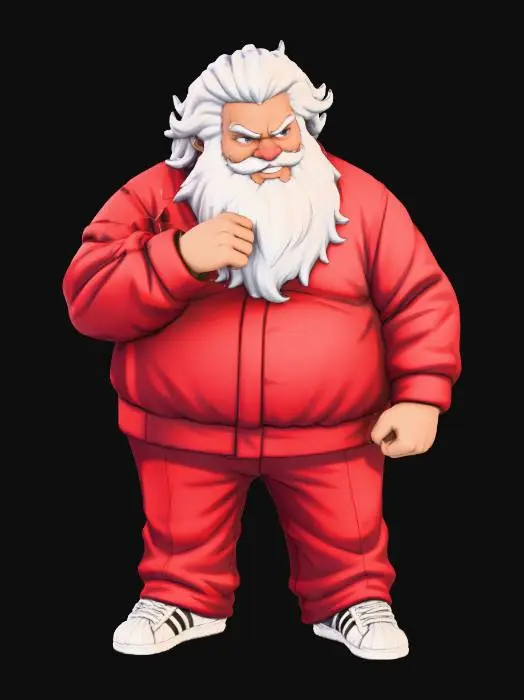 3D model for Toma como referencia la foto. Convierte a la persona en un personaje estilo anime . estilo homie. con vestimenta de santa claus. usar barba blanca y cabello blanco.  pantalones largos que cubren sus pies . sin lentes. en pose de ganster. usando addidas. pose sin abrir los dedos. manos cerradas.