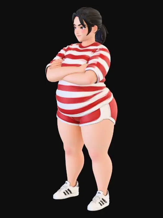 3D model for Toma como referencia la foto. Convierte a la persona en un personaje estilo anime. coserva tamaño corporal Lo mas parecido en aspecto al 100%
quita el arbol. poses estilo ganster. un poco rellenita tipo talla grande. . Con sus pechos copa B. Y sus caderas anchas. Con su gluteos redondos. Poses. Cuerpo completo usado short shorts y playeras estilo baggy. sin sombrero sin lentes tenis addidas. ropa en colores rojo y blanco .