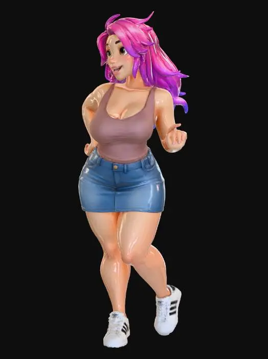 3D model for Toma como referencia la foto. Convierte a la persona en un personaje estilo anime. coserva tamaño corporal  Lo mas parecido en aspecto al 100% 
quita el arbol.un poco rellenita tipo talla mediana.Con sus pechos copa C. Y sus caderas anchas. Con su gluteos redondos. Poses de gaster. Cuerpo completo. tank top,  sin sombrero sin lentes tenis addidas. mini skirt.