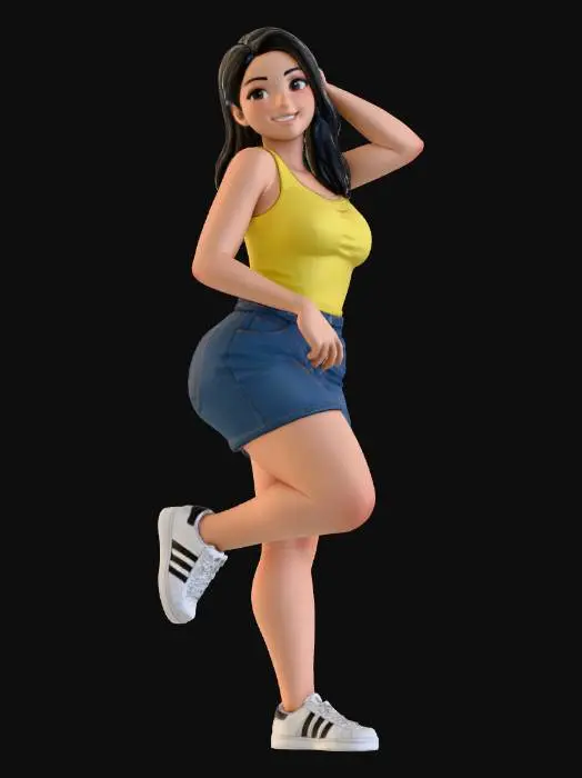 3D model for Toma como referencia la foto. Convierte a la persona en un personaje estilo anime. coserva tamaño corporal  Lo mas parecido en aspecto al 100% 
quita el arbol.un poco rellenita tipo talla mediana.Con sus pechos copa C. Y sus caderas anchas. Con su gluteos redondos. Poses. Cuerpo completo. tank top,  sin sombrero sin lentes tenis addidas. mini skirt.