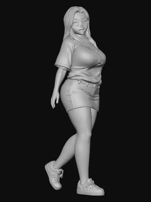 3D model for Toma como referencia la foto. Convierte a la persona en un personaje estilo anime. coserva tamaño corporal  Lo mas parecido en aspecto al 100% 
quita el arbol.un poco rellenita tipo talla mediana.Con sus pechos copa C. Y sus caderas anchas. Con su gluteos redondos. Poses. Cuerpo completo  playeras estilo baggy.  sin sombrero sin lentes tenis addidas. ropa en colores celeste y negro . short jeans skirt.