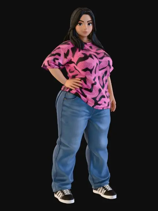 3D model for Toma como referencia la foto. Convierte a la persona en un personaje estilo anime. coserva tamaño corporal  Lo mas parecido en aspecto al 100% 
quita el arbol. poses de modelo. un poco rellenita tipo talla grande. . Con sus pechos copa DD. Y sus caderas anchas. Con su gluteos redondos. Poses. Cuerpo completo usado pataloes baggy y playeras estilo baggy.  sin sombrero sin lentes tenis addidas. ropa en colores rosa y  negro. jeans en color jean