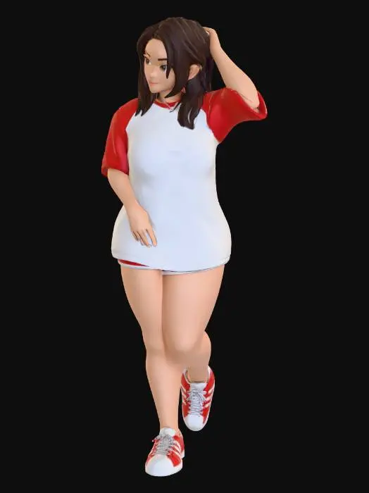 3D model for Toma como referencia la foto. Convierte a la persona en un personaje estilo anime. coserva tamaño corporal Lo mas parecido en aspecto al 100%
quita el arbol. poses estilo ganster. un poco rellenita tipo talla grande. . Con sus pechos copa B. Y sus caderas anchas. Con su gluteos redondos. Poses. Cuerpo completo usado short shorts y playeras estilo baggy. sin sombrero sin lentes tenis addidas. ropa en colores rojo y blanco .