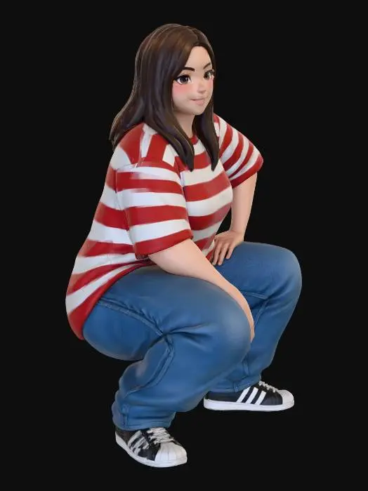 3D model for Toma como referencia la foto. Convierte a la persona en un personaje estilo anime. coserva tamaño corporal  Lo mas parecido en aspecto al 100% 
quita el arbol. poses estilo ganster. un poco rellenita tipo talla grande. . Con sus pechos copa B. Y sus caderas anchas. Con su gluteos redondos. Poses. Cuerpo completo usado pataloes baggy y playeras estilo baggy.  sin sombrero sin lentes tenis addidas. ropa en colores rojo y blanco . jeans en color jean