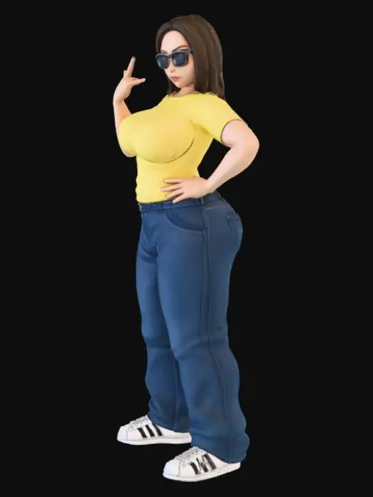 3D model for Toma como referencia la foto. Convierte a la persona en un personaje estilo anime. coserva tamaño corporal  Lo mas parecido en aspecto al 100% 
quita el arbol. un poco rellenita tipo talla grande. . Con sus pechos copa DD. Y sus caderas anchas. Con su gluteos redondos. Poses. Cuerpo completo usado pataloes baggy y playeras pegadas. sin sombrero. con lentes oscuros estilo ganster. poses de homie. tenis addidas