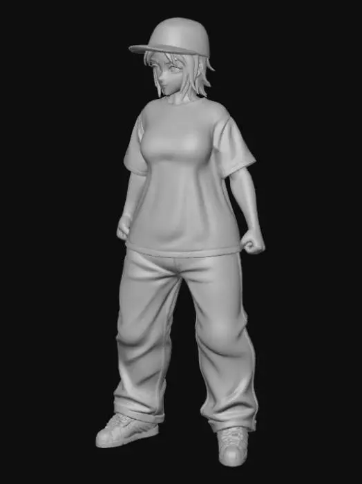 3D model for Toma como referencia la foto. Convierte a la persona en un personaje estilo anime. coserva tamaño corporal  Lo mas parecido en aspecto al 100% 
quita el arbol. poses estilo ganster. un poco rellenita tipo talla grande. . Con sus pechos copa B. Y sus caderas anchas. Con su gluteos redondos. Poses. Cuerpo completo usado pataloes baggy y playeras estilo baggy.  sin sombrero sin lentes tenis addidas. ropa en colores negro con amarillo y blanco . jeans en color jean
con las manos cerradas. con gorra puesta.
