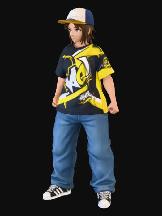 3D model for Toma como referencia la foto. Convierte a la persona en un personaje estilo anime. coserva tamaño corporal  Lo mas parecido en aspecto al 100% 
quita el arbol. poses estilo ganster. un poco rellenita tipo talla grande. . Con sus pechos copa B. Y sus caderas anchas. Con su gluteos redondos. Poses. Cuerpo completo usado pataloes baggy y playeras estilo baggy.  sin sombrero sin lentes tenis addidas. ropa en colores negro con amarillo y blanco . jeans en color jean
con las manos cerradas. con gorra puesta.
