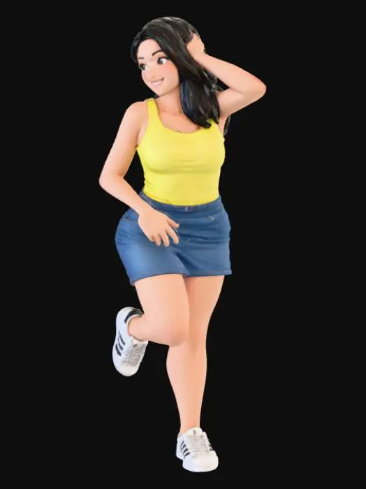 3D model for Toma como referencia la foto. Convierte a la persona en un personaje estilo anime. coserva tamaño corporal  Lo mas parecido en aspecto al 100% 
quita el arbol.un poco rellenita tipo talla mediana.Con sus pechos copa C. Y sus caderas anchas. Con su gluteos redondos. Poses. Cuerpo completo. tank top,  sin sombrero sin lentes tenis addidas. mini skirt.