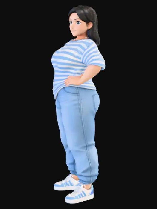 3D model for Toma como referencia la foto. Convierte a la persona en un personaje estilo anime. coserva tamaño corporal  Lo mas parecido en aspecto al 100% 
quita el arbol. poses de modelo. un poco rellenita tipo talla grande. . Con sus pechos copa B. Y sus caderas anchas. Con su gluteos redondos. Poses. Cuerpo completo usado pataloes baggy y playeras estilo baggy.  sin sombrero sin lentes tenis addidas. ropa en colores celeste y blaco . jeans en color jean