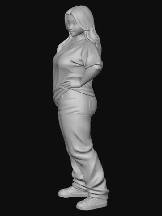 3D model for Toma como referencia la foto. Convierte a la persona en un personaje estilo anime. coserva tamaño corporal  Lo mas parecido en aspecto al 100% 
quita el arbol. poses de modelo. un poco rellenita tipo talla grande. . Con sus pechos copa B. Y sus caderas anchas. Con su gluteos redondos. Poses. Cuerpo completo usado pataloes baggy y playeras estilo baggy.  sin sombrero sin lentes tenis addidas. ropa en colores celeste y blaco . jeans en color jean