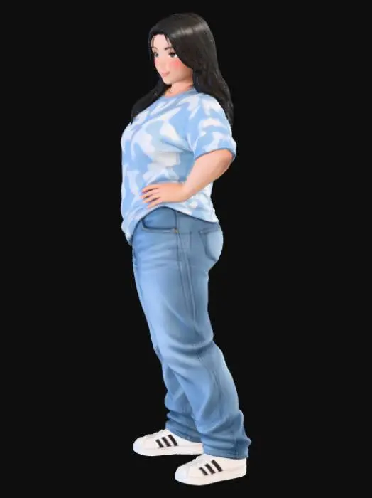 3D model for Toma como referencia la foto. Convierte a la persona en un personaje estilo anime. coserva tamaño corporal  Lo mas parecido en aspecto al 100% 
quita el arbol. poses de modelo. un poco rellenita tipo talla grande. . Con sus pechos copa B. Y sus caderas anchas. Con su gluteos redondos. Poses. Cuerpo completo usado pataloes baggy y playeras estilo baggy.  sin sombrero sin lentes tenis addidas. ropa en colores celeste y blaco . jeans en color jean