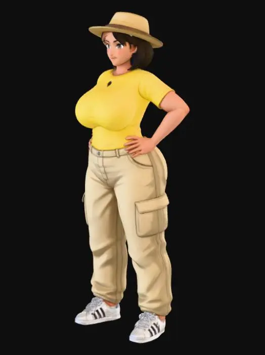 3D model for Toma como referencia la foto. Convierte a la persona en un personaje estilo anime. coserva tamaño corporal  Lo mas parecido en aspecto al 100% 
quita el arbol. poses de modelo. un poco rellenita tipo talla grande. . Con sus pechos copa DD. Y sus caderas anchas. Con su gluteos redondos. Poses. Cuerpo completo usado pataloes baggy y playeras pegadas.si sombrero sin lentes tenis addidas