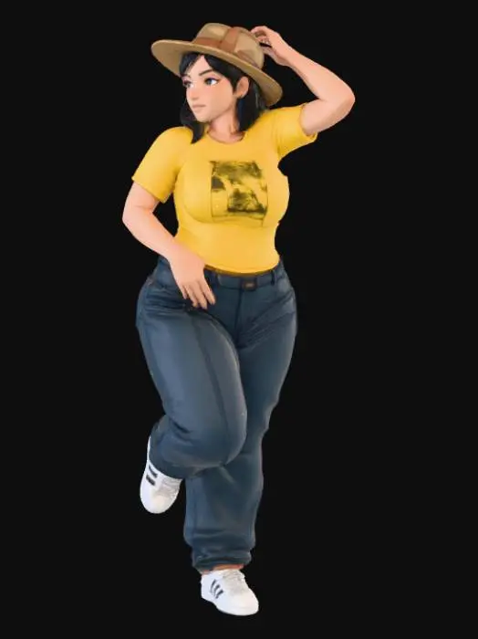 3D model for Toma como referencia la foto. Convierte a la persona en un personaje estilo anime. coserva tamaño corporal  Lo mas parecido en aspecto al 100% 
quita el arbol. poses de modelo. un poco rellenita tipo talla grande. . Con sus pechos copa DD. Y sus caderas anchas. Con su gluteos redondos. Poses. Cuerpo completo usado pataloes baggy y playeras pegadas.si sombrero sin lentes tenis addidas