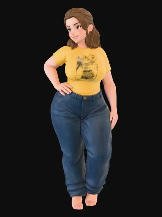 3D model for Toma como referencia la foto. Convierte a la persona en un personaje estilo anime. coserva tamaño corporal  Lo mas parecido en aspecto al 100% 
quita el arbol. poses de modelo. un poco rellenita tipo talla grande. . Con sus pechos copa DD. Y sus caderas anchas. Con su gluteos redondos. Poses. Cuerpo completo usado pataloes baggy y playeras pegadas