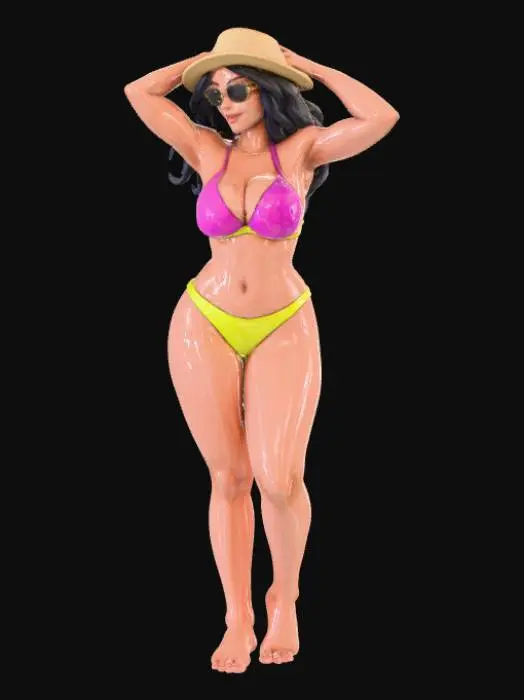 3D model for Toma como referencia la foto. Convierte a la persona en un personaje estilo anime. coserva tamaño corporal  Lo mas parecido en aspecto al 100% 
quita el arbol. poses de modelo. un poco rellenita tipo talla large. En traje de baño de dos piezas. Con sus pechos copa D. Y sus caderas anchas. Con su gluteos redondos. Poses sexys