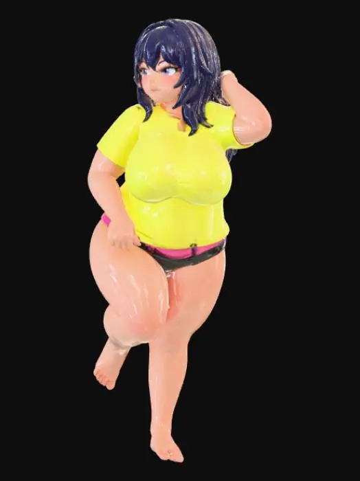 3D model for Toma como referencia la foto. Convierte a la persona en un personaje estilo anime. coserva tamaño corporal  Lo mas parecido en aspecto al 100% 
quita el arbol. poses de modelo. un poco rellenita tipo talla large. Con sus pechos copa D. Y sus caderas anchas. Con su gluteos redondos. Poses sexys. Has los personajes. Sin sombrero. Muestra su figura