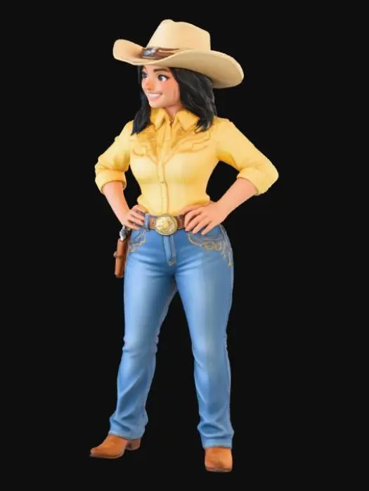 3D model for Toma como referencia la foto. Convierte a la persona en un personaje estilo anime . estilo vaquero . con su camisa. y pantalones coserva tamaño corporal  Lo mas parecido en aspecto al 100% 
quita el arbol. poses de modelo. un poco rellenita tipo talla mediana