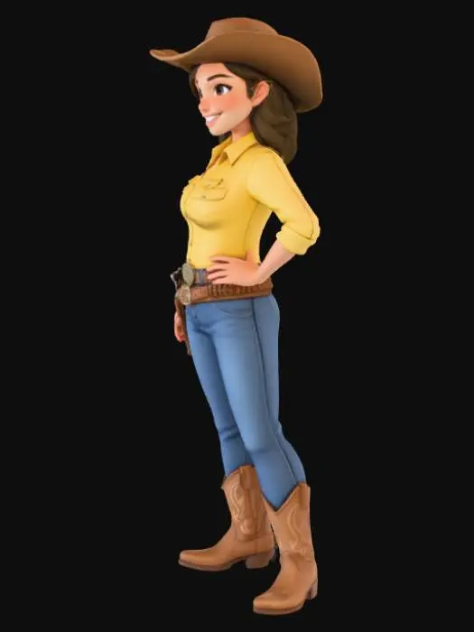 3D model for Toma como referencia la foto. Convierte a la persona en un personaje estilo anime . estilo vaquero . con su camisa. y pantalones coserva tamaño corporal  Lo mas parecido en aspecto al 100% 
quita el arbol. poses de modelo. un poco rellenita tipo talla mediana