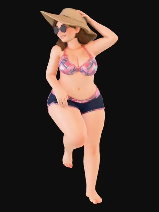 3D model for Toma como referencia la foto. Convierte a la persona en un personaje estilo anime. coserva tamaño corporal  Lo mas parecido en aspecto al 100% 
quita el arbol. poses de modelo. un poco rellenita tipo talla large. En traje de baño de dos piezas. Con sus pechos copa D. Y sus caderas anchas. Con su gluteos redondos. Poses sexys