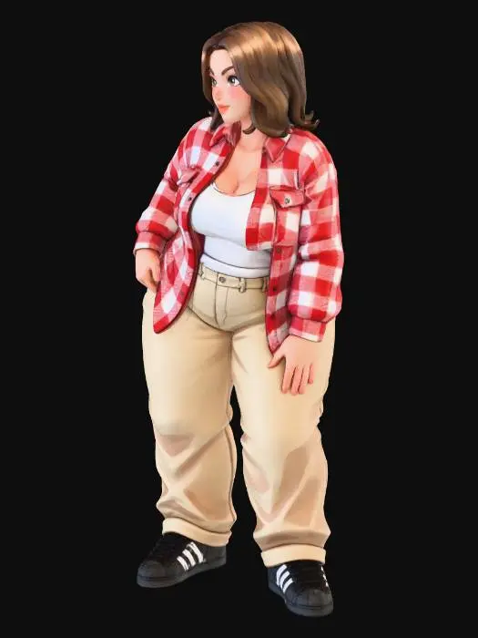 3D model for Toma como referencia la foto. Convierte a la persona en un personaje estilo anime. coserva tamaño corporal  Lo mas parecido en aspecto al 100% 
quita el arbol. poses estilo ganster. un poco rellenita tipo talla grande. . Con sus pechos copa D. Y sus caderas anchas. Con su gluteos redondos.Cuerpo completo usado traje de santa claus estilo cholo.  sin sombrero sin lentes tenis addidas.