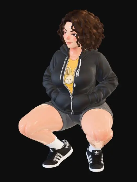 3D model for Toma como referencia la foto. Convierte a la persona en un personaje estilo anime. coserva tamaño corporal  Lo mas parecido en aspecto al 100% 
quita el arbol. poses estilo ganster. un poco rellenita tipo talla grande. . Con sus pechos copa D. Y sus caderas anchas. Con su gluteos redondos.Cuerpo completo usado traje se conejo estilo cholo.  sin sombrero sin lentes tenis addidas.