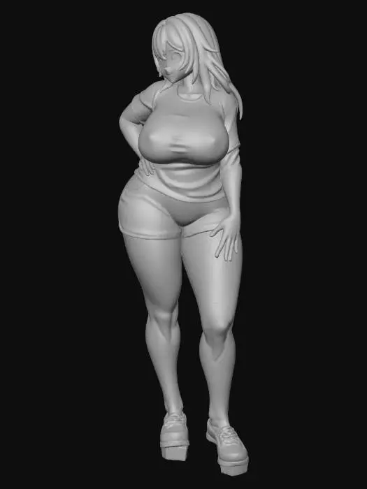 3D model for Toma como referencia la foto. Convierte a la persona en un personaje estilo anime. coserva tamaño corporal  Lo mas parecido en aspecto al 100% 
quita el arbol. poses de modelo. un poco rellenita tipo talla large. Con sus pechos copa D. Y sus caderas anchas. Con su gluteos redondos. Poses sexys. Has los personajes. Sin sombrero. Muestra su figura