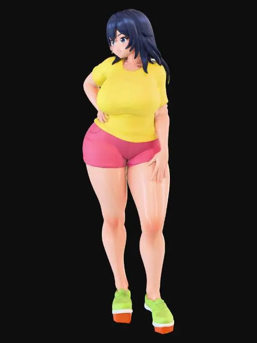 3D model for Toma como referencia la foto. Convierte a la persona en un personaje estilo anime. coserva tamaño corporal  Lo mas parecido en aspecto al 100% 
quita el arbol. poses de modelo. un poco rellenita tipo talla large. Con sus pechos copa D. Y sus caderas anchas. Con su gluteos redondos. Poses sexys. Has los personajes. Sin sombrero. Muestra su figura