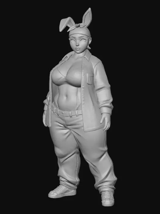 3D model for Toma como referencia la foto. Convierte a la persona en un personaje estilo anime. coserva tamaño corporal  Lo mas parecido en aspecto al 100% 
quita el arbol. poses estilo ganster. un poco rellenita tipo talla grande. . Con sus pechos copa D. Y sus caderas anchas. Con su gluteos redondos.Cuerpo completo usado traje se conejo estilo cholo.  sin sombrero sin lentes tenis addidas.