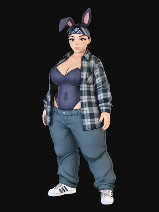 3D model for Toma como referencia la foto. Convierte a la persona en un personaje estilo anime. coserva tamaño corporal  Lo mas parecido en aspecto al 100% 
quita el arbol. poses estilo ganster. un poco rellenita tipo talla grande. . Con sus pechos copa D. Y sus caderas anchas. Con su gluteos redondos.Cuerpo completo usado traje se conejo estilo cholo.  sin sombrero sin lentes tenis addidas.