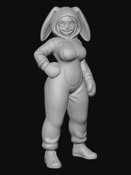3D model for Toma como referencia la foto. Convierte a la persona en un personaje estilo anime. coserva tamaño corporal  Lo mas parecido en aspecto al 100% 
quita el arbol. poses estilo ganster. un poco rellenita tipo talla grande. . Con sus pechos copa D. Y sus caderas anchas. Con su gluteos redondos.Cuerpo completo usado traje se conejo completo con sus pies de conejo y manos cara descubierta pero con el gorro con orejas de conejo.  sin sombrero sin lentes tenis addidas.