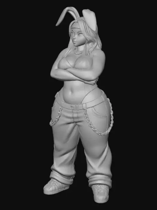 3D model for Toma como referencia la foto. Convierte a la persona en un personaje estilo anime. coserva tamaño corporal  Lo mas parecido en aspecto al 100% 
quita el arbol. poses estilo ganster. un poco rellenita tipo talla grande. . Con sus pechos copa D. Y sus caderas anchas. Con su gluteos redondos.Cuerpo completo usado traje se conejo estilo cholo.  sin sombrero sin lentes tenis addidas.