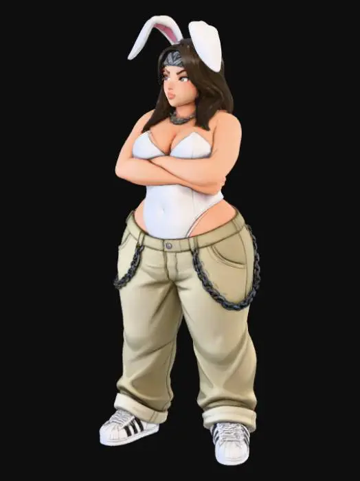 3D model for Toma como referencia la foto. Convierte a la persona en un personaje estilo anime. coserva tamaño corporal  Lo mas parecido en aspecto al 100% 
quita el arbol. poses estilo ganster. un poco rellenita tipo talla grande. . Con sus pechos copa D. Y sus caderas anchas. Con su gluteos redondos.Cuerpo completo usado traje se conejo estilo cholo.  sin sombrero sin lentes tenis addidas.
