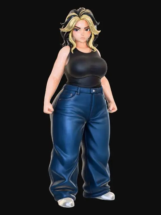 3D model for Toma como referencia la foto. Convierte a la persona en un personaje estilo anime. conserva su estatura y cuerpo. no lentes no sombrero. ropa estilo homie. cholo. con pantalones cholos. que cubran los pies. y solo la punta de los tenis salga. camisa entallada por dentro del pantalon estilo tank top, cabello negro y highligths rubioss. con sus pechos copa D. y gluteos grandes y redondoss. talla grande. posando ganster