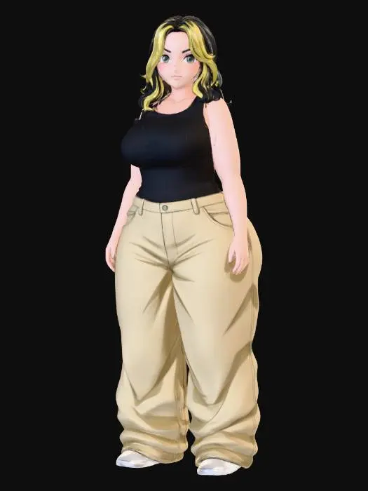 3D model for Toma como referencia la foto. Convierte a la persona en un personaje estilo anime. conserva su estatura y cuerpo. no lentes no sombrero. ropa estilo homie. cholo. con pantalones cholos. que cubran los pies. y solo la punta de los tenis salga. camisa entallada por dentro del pantalon estilo tank top, cabello negro y highligths rubioss. con sus pechos copa D. y gluteos grandes y redondoss. talla grande.