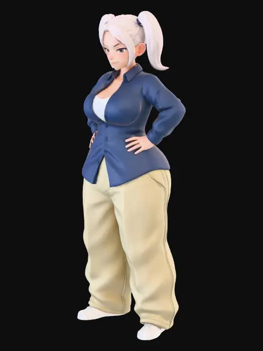 3D model for Toma como referencia la foto. Convierte a la persona en un personaje estilo anime. conserva su estatura y cuerpo. no lentes no sombrero. ropa estilo homie. cholo. con pantalones cholos. que cubran los pies. y solo la punta de los tenis salga. camisa de manga larga abrochada en el cuello,  y abierta, por debajo trae un polera blanca.  cabello claro. con dos coletas.  con sus pechos copa D. y gluteos grandes y redondoss. talla mediana. y  poses de ganster kawai