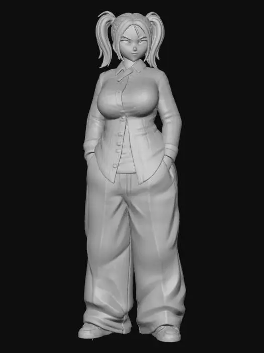 3D model for Toma como referencia la foto. Convierte a la persona en un personaje estilo anime. conserva su estatura y cuerpo. no lentes no sombrero. ropa estilo homie. cholo. con pantalones cholos. que cubran los pies. y solo la punta de los tenis salga. camisa de manga larga abrochada en el cuello,  y abierta, por debajo trae un polera blanca.  cabello claro. con dos coletas.  con sus pechos copa D. y gluteos grandes y redondoss. talla mediana. y  poses de ganster