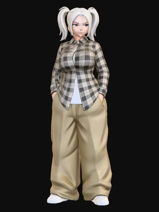3D model for Toma como referencia la foto. Convierte a la persona en un personaje estilo anime. conserva su estatura y cuerpo. no lentes no sombrero. ropa estilo homie. cholo. con pantalones cholos. que cubran los pies. y solo la punta de los tenis salga. camisa de manga larga abrochada en el cuello,  y abierta, por debajo trae un polera blanca.  cabello claro. con dos coletas.  con sus pechos copa D. y gluteos grandes y redondoss. talla mediana. y  poses de ganster