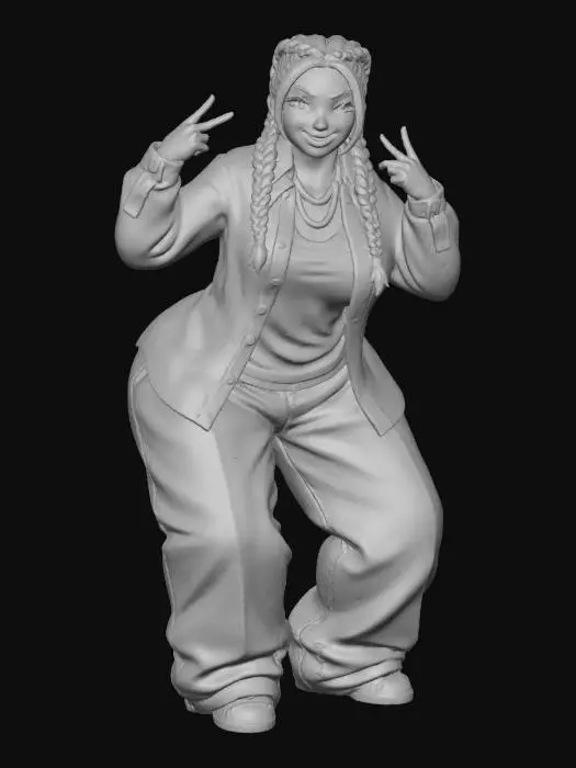 3D model for Toma como referencia la foto. Convierte a la persona en un personaje estilo anime. conserva su estatura y cuerpo. no lentes no sombrero. ropa estilo homie. cholo. con pantalones cholos. que cubran los pies. y solo la punta de los tenis salga. camisa de manga larga abrochada en el cuello,  y abierta, por debajo trae un polera blanca.  cabello claro. con dos coletas.  con sus pechos copa D. y gluteos grandes y redondoss. talla mediana. y  poses de ganster kawai