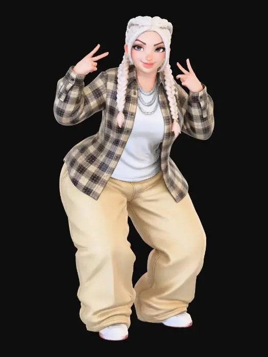 3D model for Toma como referencia la foto. Convierte a la persona en un personaje estilo anime. conserva su estatura y cuerpo. no lentes no sombrero. ropa estilo homie. cholo. con pantalones cholos. que cubran los pies. y solo la punta de los tenis salga. camisa de manga larga abrochada en el cuello,  y abierta, por debajo trae un polera blanca.  cabello claro. con dos coletas.  con sus pechos copa D. y gluteos grandes y redondoss. talla mediana. y  poses de ganster kawai
