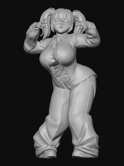 3D model for Toma como referencia la foto. Convierte a la persona en un personaje estilo anime. conserva su estatura y cuerpo. no lentes no sombrero. ropa estilo homie. cholo. con pantalones cholos. que cubran los pies. y solo la punta de los tenis salga. camisa de manga larga abrochada en el cuello,  y abierta, por debajo trae un polera blanca.  cabello claro. con dos coletas.  con sus pechos copa D. y gluteos grandes y redondoss. talla mediana. y  poses de ganster kawai