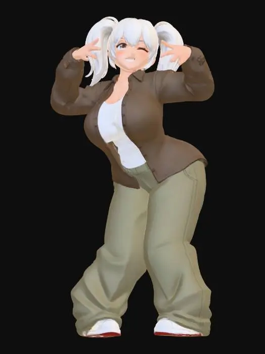 3D model for Toma como referencia la foto. Convierte a la persona en un personaje estilo anime. conserva su estatura y cuerpo. no lentes no sombrero. ropa estilo homie. cholo. con pantalones cholos. que cubran los pies. y solo la punta de los tenis salga. camisa de manga larga abrochada en el cuello,  y abierta, por debajo trae un polera blanca.  cabello claro. con dos coletas.  con sus pechos copa D. y gluteos grandes y redondoss. talla mediana. y  poses de ganster kawai