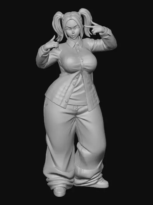 3D model for Toma como referencia la foto. Convierte a la persona en un personaje estilo anime. conserva su estatura y cuerpo. no lentes no sombrero. ropa estilo homie. cholo. con pantalones cholos. que cubran los pies. y solo la punta de los tenis salga. camisa de manga larga abrochada en el cuello,  y abierta, por debajo trae un polera blanca.  cabello claro. con dos coletas.  con sus pechos copa D. y gluteos grandes y redondoss. talla mediana. y  poses de ganster