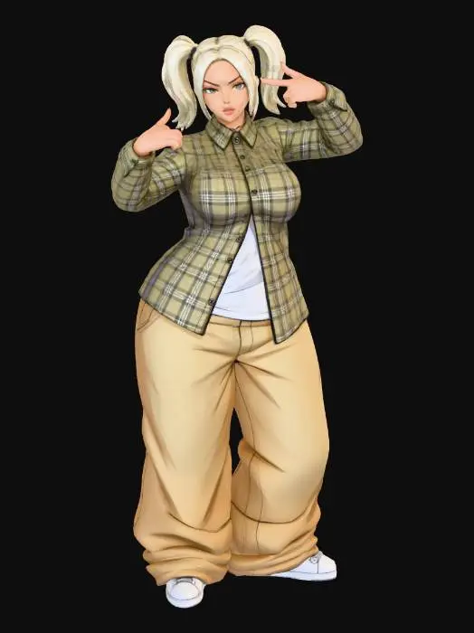 3D model for Toma como referencia la foto. Convierte a la persona en un personaje estilo anime. conserva su estatura y cuerpo. no lentes no sombrero. ropa estilo homie. cholo. con pantalones cholos. que cubran los pies. y solo la punta de los tenis salga. camisa de manga larga abrochada en el cuello,  y abierta, por debajo trae un polera blanca.  cabello claro. con dos coletas.  con sus pechos copa D. y gluteos grandes y redondoss. talla mediana. y  poses de ganster