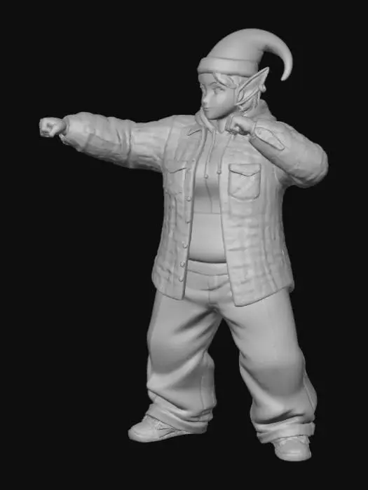3D model for Toma como referencia la foto. Convierte a la persona en un personaje estilo anime. conserva su estatura y cuerpo. no lentes no sombrero. ropa estilo homie. cholo. con pantalones cholos. que cubran los pies. y solo la punta de los tenis salga. Usando ropa en colores navideños. Con gorro y orejas de elfos. Haciendo poses de gaster. Pero con los puños cerrados. Talla mediana. Cuerpo mediano