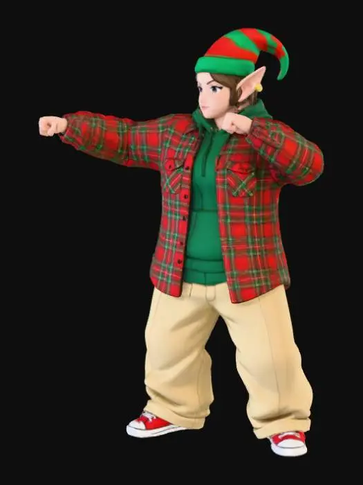 3D model for Toma como referencia la foto. Convierte a la persona en un personaje estilo anime. conserva su estatura y cuerpo. no lentes no sombrero. ropa estilo homie. cholo. con pantalones cholos. que cubran los pies. y solo la punta de los tenis salga. Usando ropa en colores navideños. Con gorro y orejas de elfos. Haciendo poses de gaster. Pero con los puños cerrados. Talla mediana. Cuerpo mediano