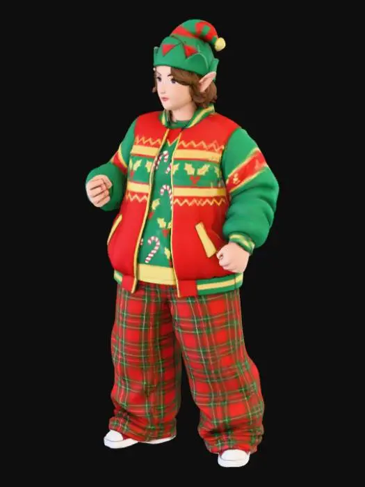 3D model for Toma como referencia la foto. Convierte a la persona en un personaje estilo anime. conserva su estatura y cuerpo. no lentes no sombrero. ropa estilo homie. cholo. con pantalones cholos. que cubran los pies. y solo la punta de los tenis salga. Usando ropa en colores navideños. Con gorro y orejas de elfos. Haciendo poses de gaster. Pero con los puños cerrados. Talla mediana. Cuerpo mediano