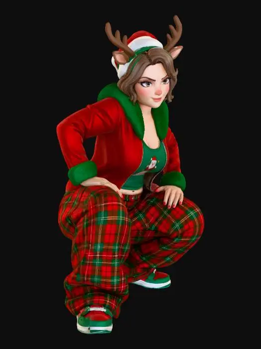 3D model for Toma como referencia la foto. Convierte a la persona en un personaje estilo anime. conserva su estatura y cuerpo. no lentes no sombrero. ropa estilo homie. cholo. con pantalones cholos. que cubran los pies. y solo la punta de los tenis salga. Usando ropa en colores navideños. Con gorro de santa claus. y cuernos de reno. como diadema  Haciendo poses de gaster. la ropa entallada en las blusas o chamarras abiertas con tank tops por debajo pero pegados al cuerpo.